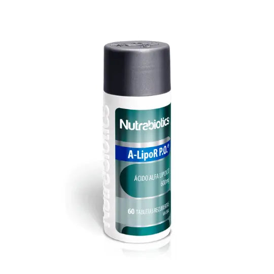 Frasco de A-LIPOR P.O® Nutrabiotics, medicamento con Ácido Alfa Lipoico en tabletas recubiertas, de venta bajo fórmula médica, distribuido por Alternativ.