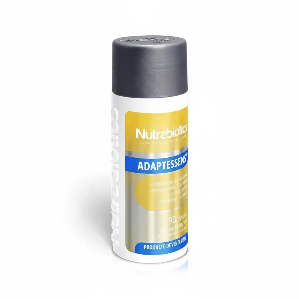 Frasco de Adaptessens® Nutrabiotics, suplemento dietario con Ashwagandha, Ginseng Siberiano, Zinc y Magnesio distribuido por Alternativ.