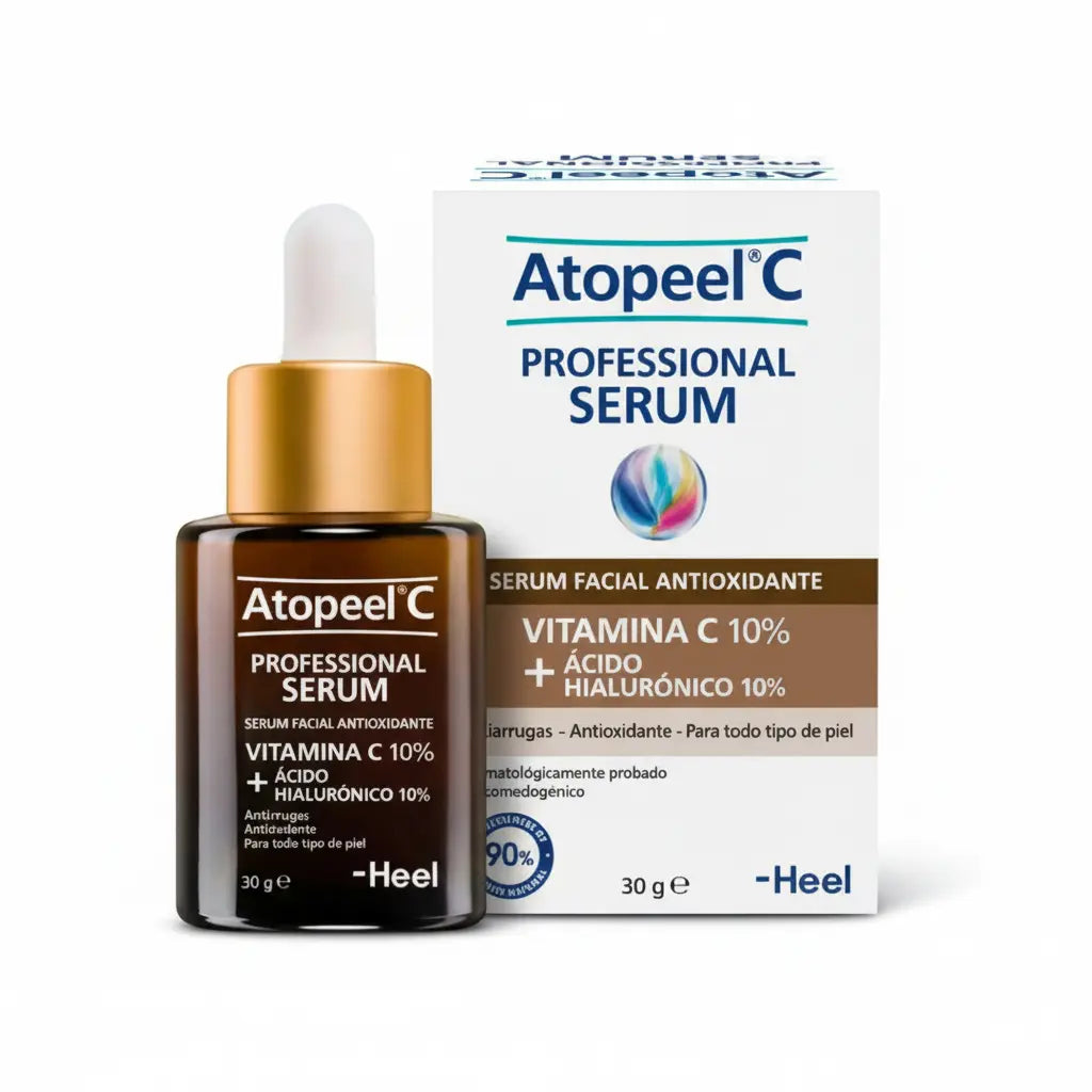 Frasco de Atopeel C Professional Serum Heel, suero facial con Vitamina C 10%, Ácido Hialurónico vegano y extractos de algas marinas, que ilumina, hidrata y unifica el tono de la piel. Producto con Notificación Sanitaria INVIMA NSOC29157-24CO, distribuido por Alternativ.