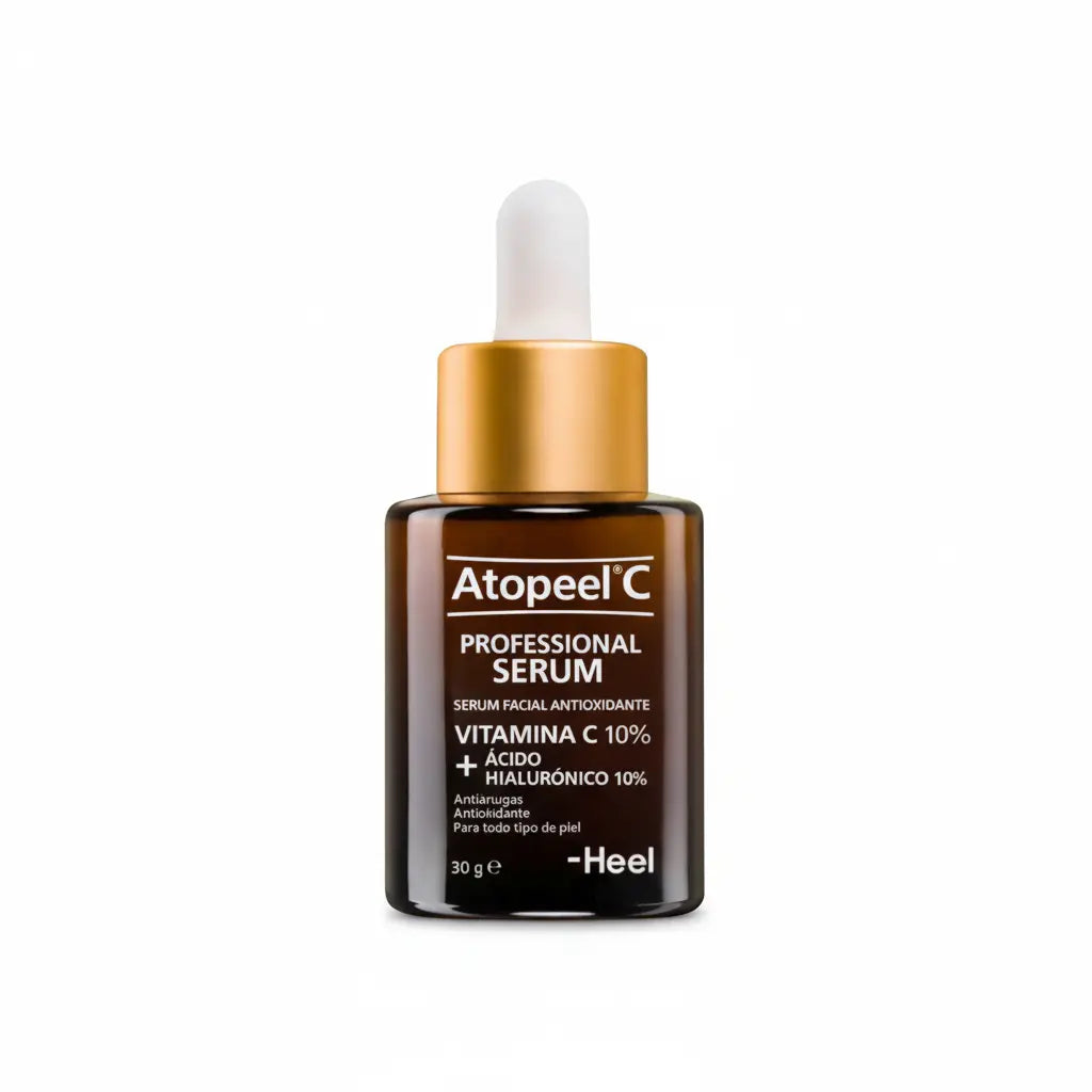 Frasco de Atopeel C Professional Serum Heel, suero facial con Vitamina C 10%, Ácido Hialurónico vegano y extractos de algas marinas, que ilumina, hidrata y unifica el tono de la piel. Producto con Notificación Sanitaria INVIMA NSOC29157-24CO, distribuido por Alternativ.