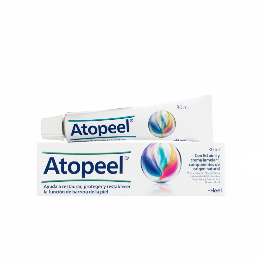 Frasco de Atopeel® Crema, cosmético natural restaurador de la barrera cutánea con ceramidas, ectoína y extracto de corteza de avellana, ideal para hidratar rostro y cuerpo. Producto con Notificación Sanitaria INVIMA NSOC02548-20CO, distribuido por Alternativ.