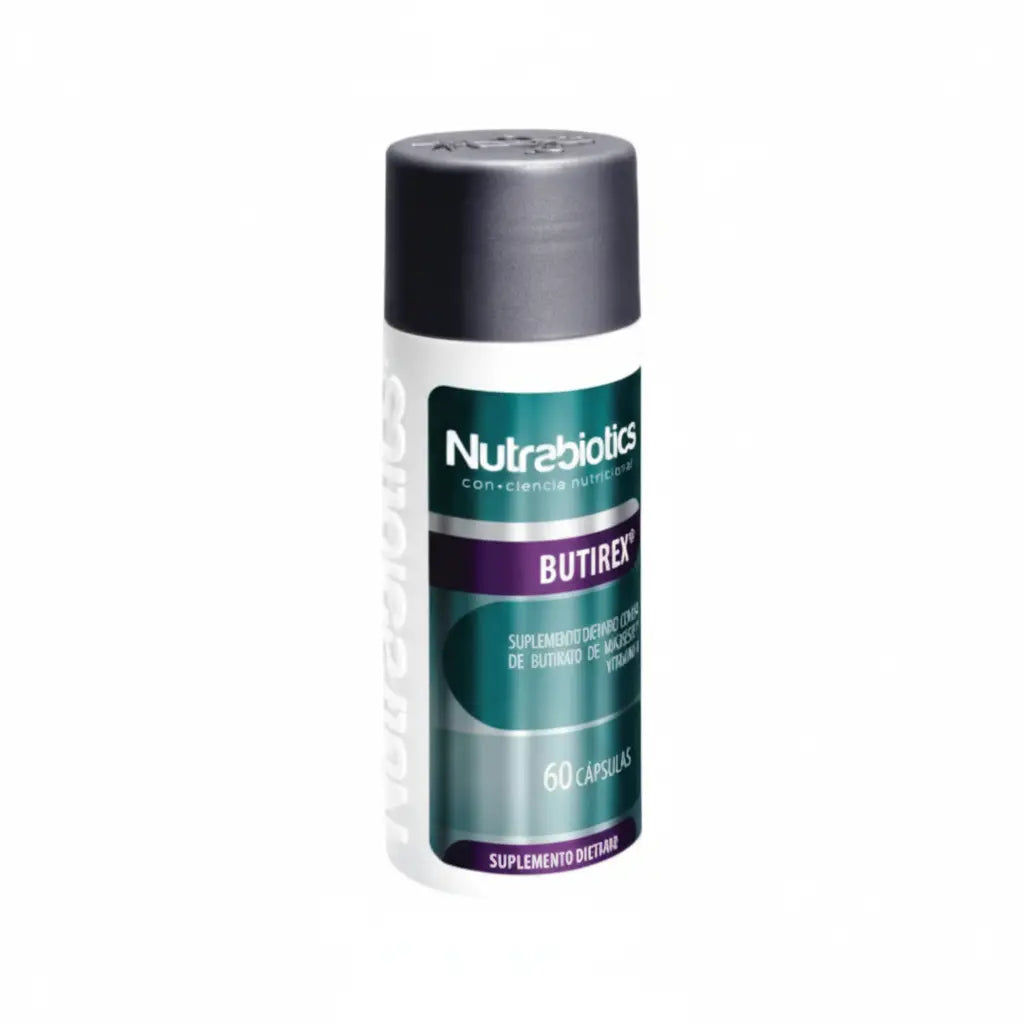 Frasco de Butirex® Nutrabiotics, suplemento dietario con Butirato de Magnesio y Vitamina A para apoyar la salud intestinal y el bienestar celular, distribuido por Alternativ.