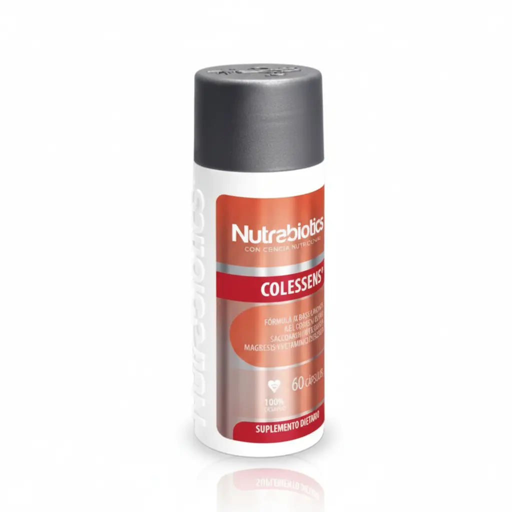 Frasco de Colessens® Nutrabiotics, suplemento dietario con extractos naturales de Bergamota, Ajo, Corteza de Pino y Saccharum officinarum, enriquecido con Magnesio y Vitaminas Esenciales, distribuido por Alternativ.