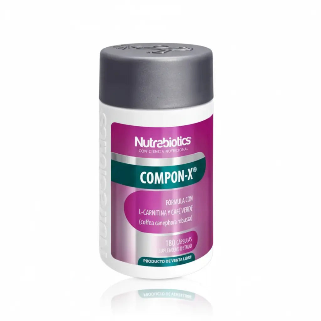 Frasco de Compon-X® Nutrabiotics, suplemento dietario con L-Carnitina y extracto de Café Verde, diseñado para apoyar el metabolismo energético y la energía natural, distribuido por Alternativ.