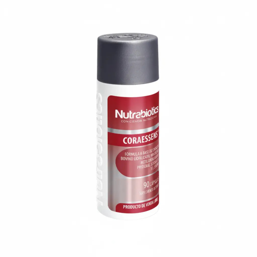 Frasco de Coraessens® Nutrabiotics, suplemento dietario con Corazón Bovino Liofilizado, Magnesio y Vitaminas del Complejo B activas, distribuido por Alternativ.