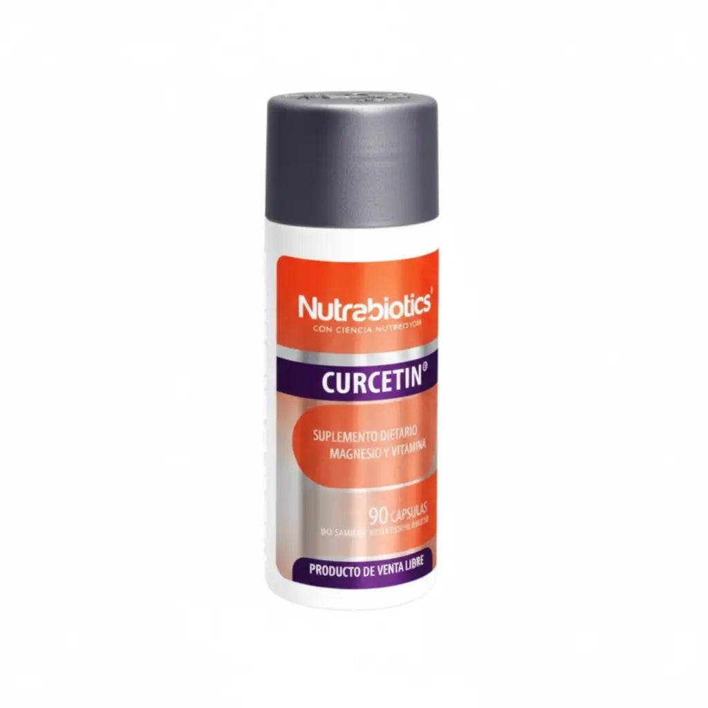 Frasco de Curcetin® Nutrabiotics, suplemento dietario con Cúrcuma, Quercetina, Magnesio y Vitamina C, diseñado para apoyar la protección celular y el metabolismo energético, distribuido por Alternativ.