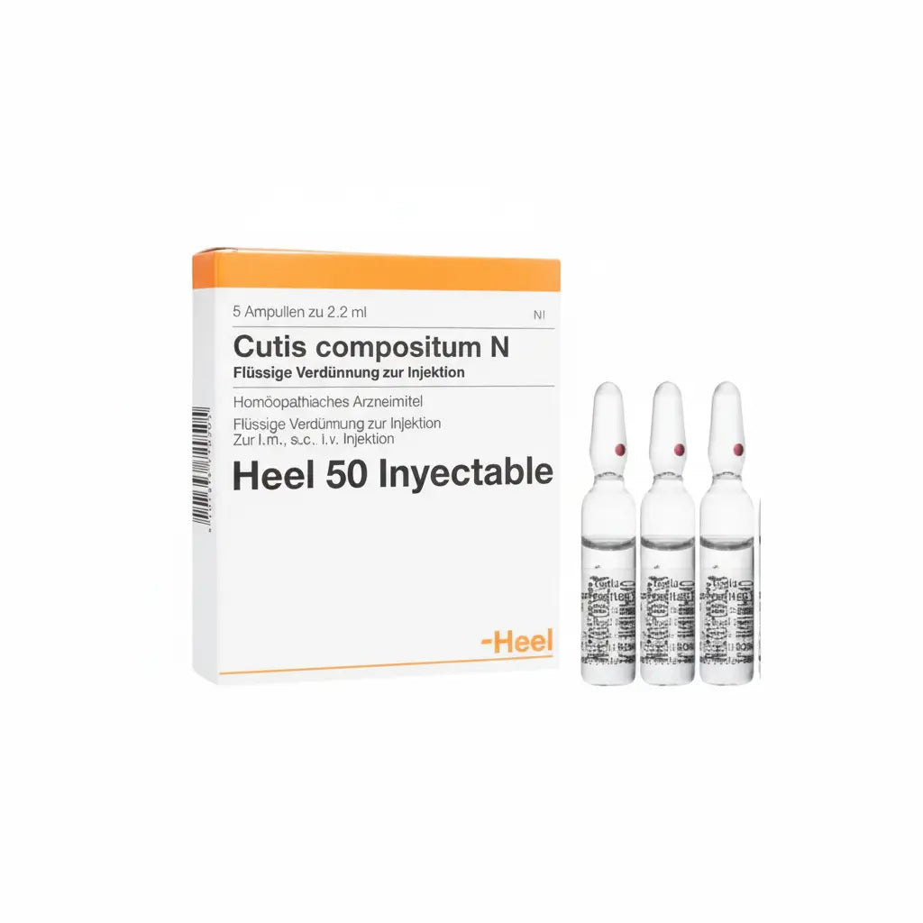 Imagen del producto Cutis Homaccord Ampolla Heel, medicamento homeopático de prescripción médica elaborado por Heel, indicado como apoyo en el equilibrio dérmico. Disponible en Farmacia Alternativ Colombia.