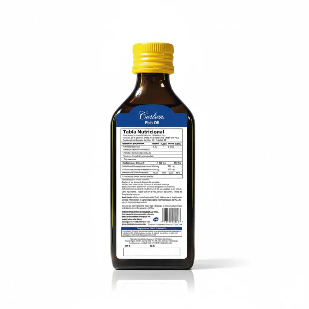 Frasco de Fish Oil 200 ml Omega 3 EPA y DHA Carlson Labs, suplemento dietario noruego certificado IFOS con aceite de pescado puro, vitamina E y sabor a limón, distribuido por Alternativ.