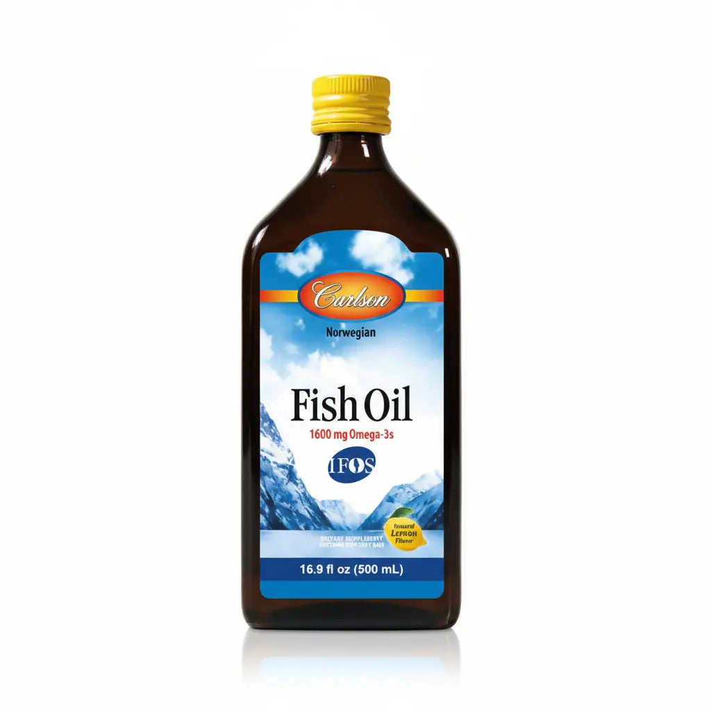 Frasco de Fish Oil Omega 3 EPA y DHA Carlson Labs, suplemento dietario noruego certificado IFOS con aceite de pescado puro, vitamina E y sabor a limón, distribuido por Alternativ.