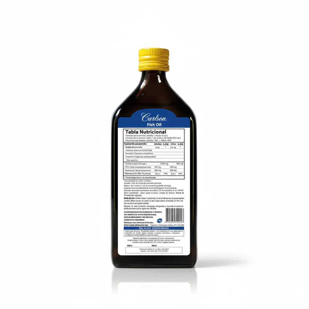 Frasco de Fish Oil Omega 3 EPA y DHA Carlson Labs, suplemento dietario noruego certificado IFOS con aceite de pescado puro, vitamina E y sabor a limón, distribuido por Alternativ.