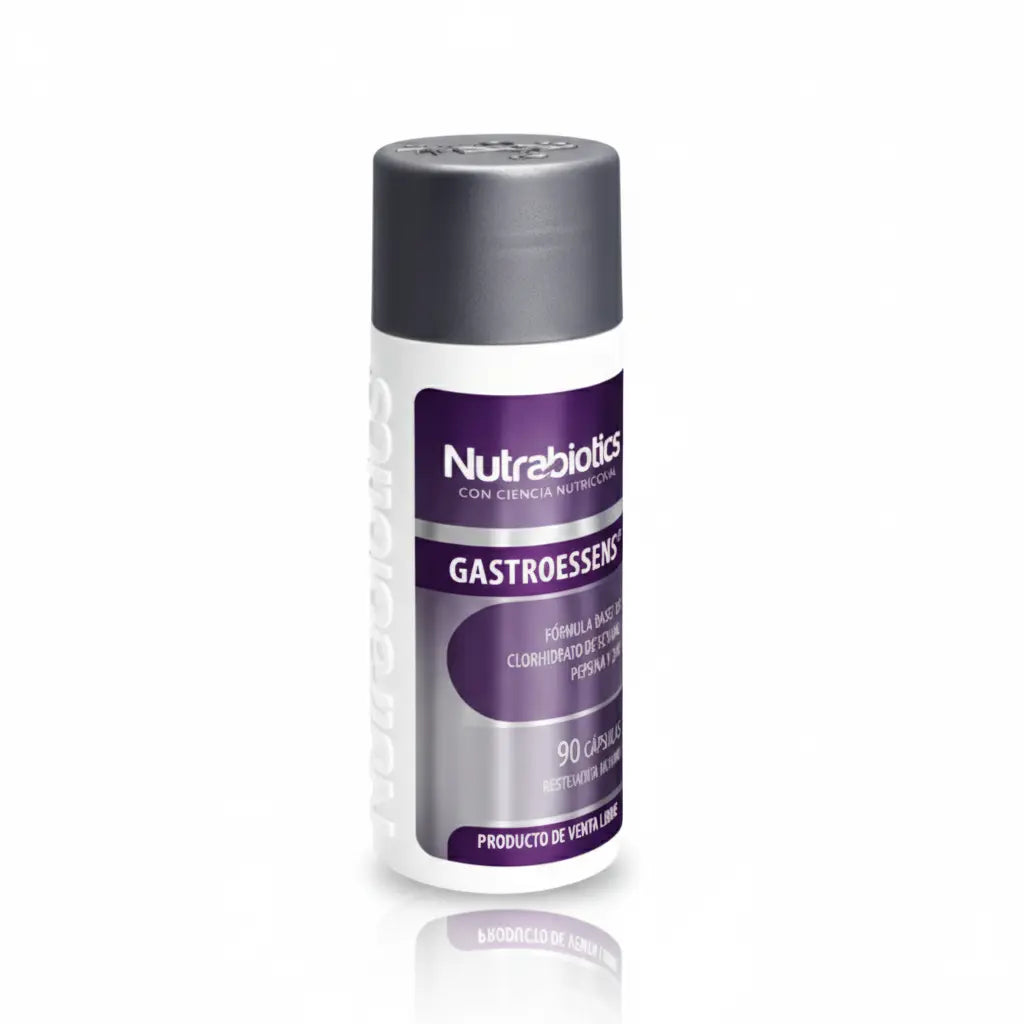 Frasco de Gastroessens® Nutrabiotics, suplemento dietario con Betaína, Pepsina y Zinc, formulado para apoyar la salud digestiva y distribuido por Alternativ.
