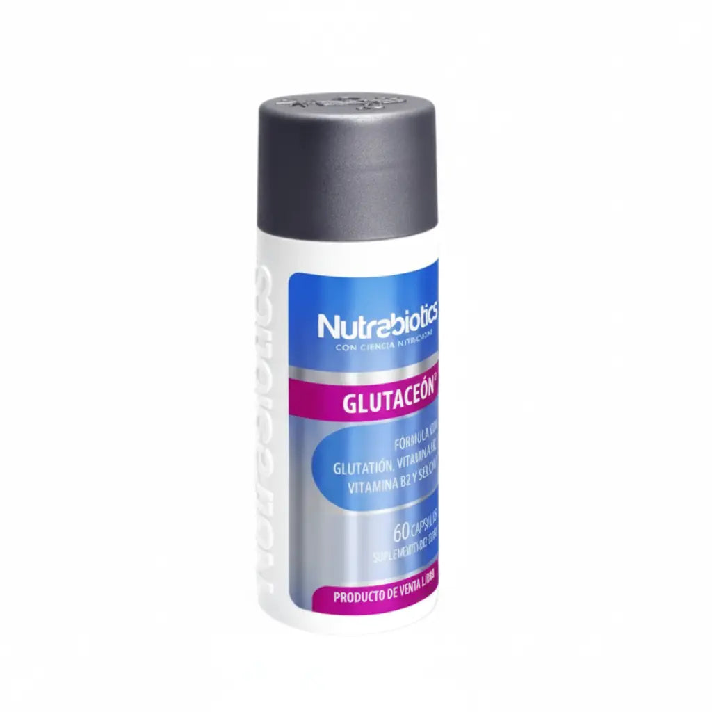Frasco de Glutaceón® Nutrabiotics, suplemento dietario con Glutatión, Vitaminas del Complejo B y Selenio, diseñado para apoyar la protección celular y el equilibrio oxidativo, distribuido por Alternativ.