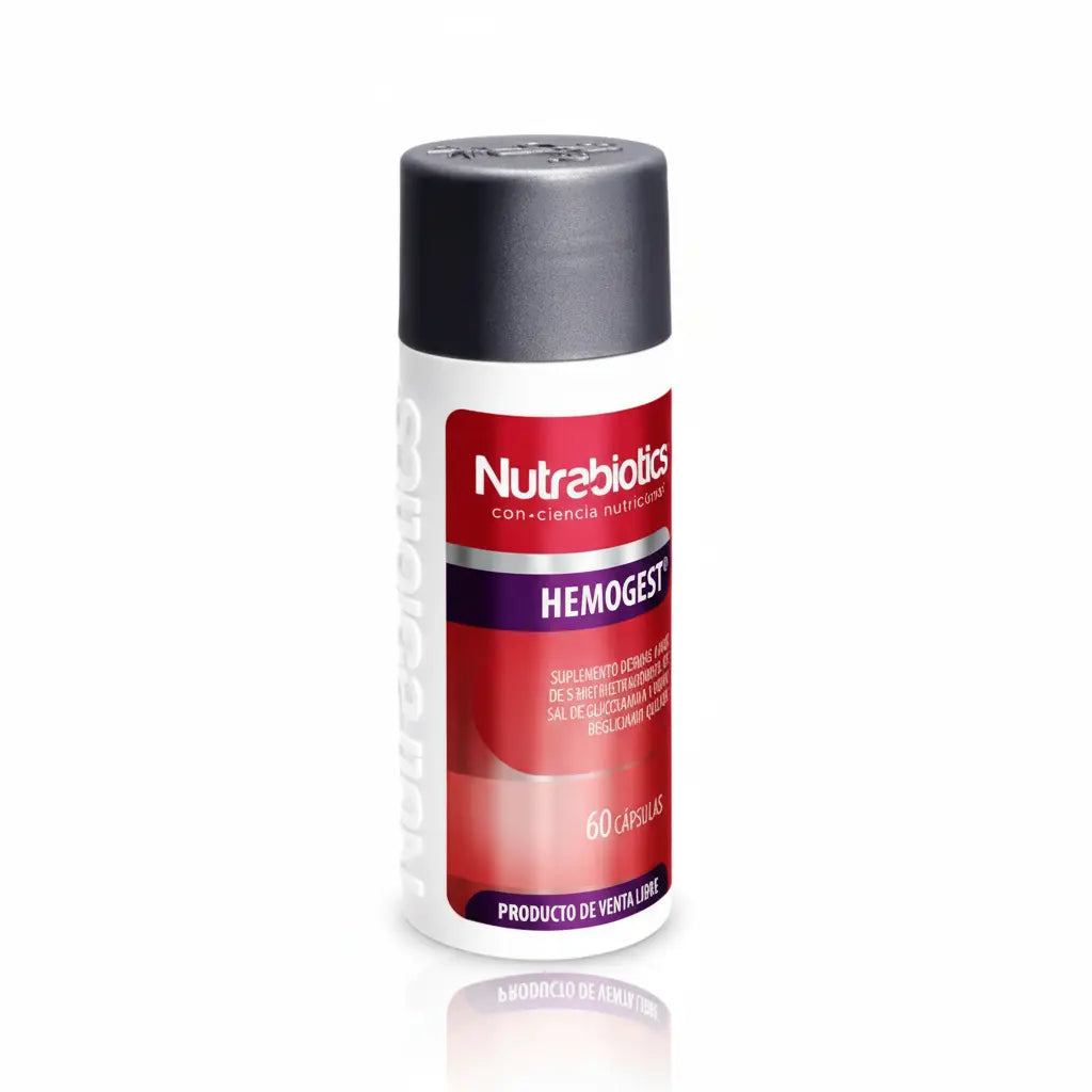 Frasco de Hemogest® Nutrabiotics, suplemento dietario con Hierro Bisglicinato Quelado y Folato activo (5-Metiltetrahidrofolato), diseñado para apoyar la formación celular y el metabolismo energético, distribuido por Alternativ.