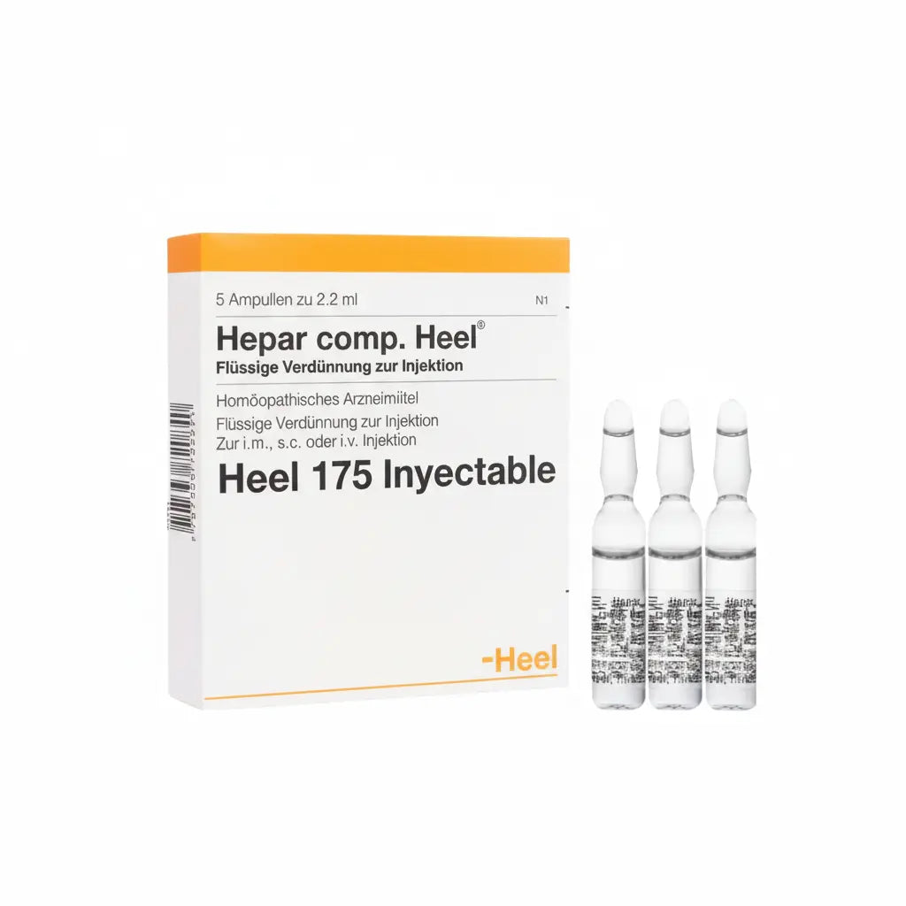 Imagen del producto Hepar Compositum Ampolla Heel, medicamento homeopático de prescripción médica elaborado por Heel y distribuido por Farmacia Alternativ Colombia.