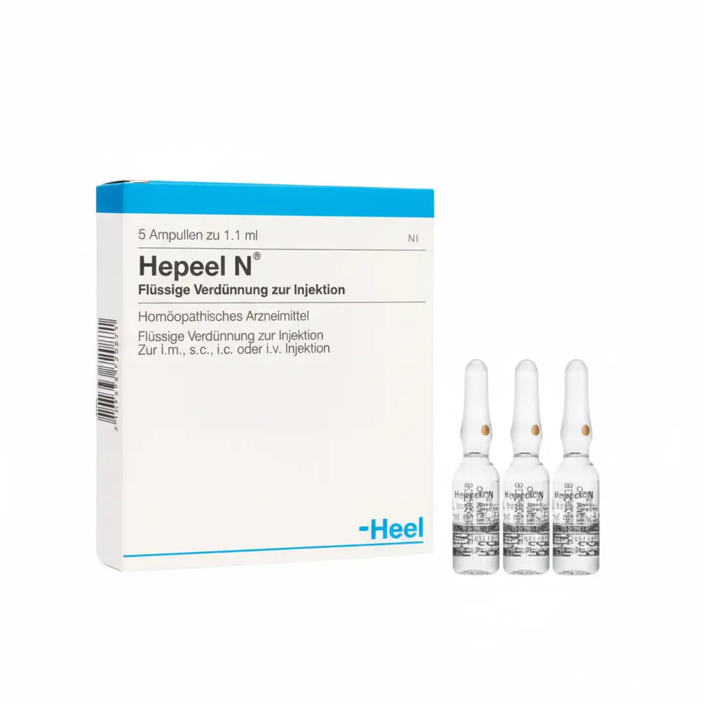 Imagen del producto Hepeel Ampolla Heel, medicamento homeopático de prescripción médica elaborado por Heel y distribuido por Farmacia Alternativ Colombia.