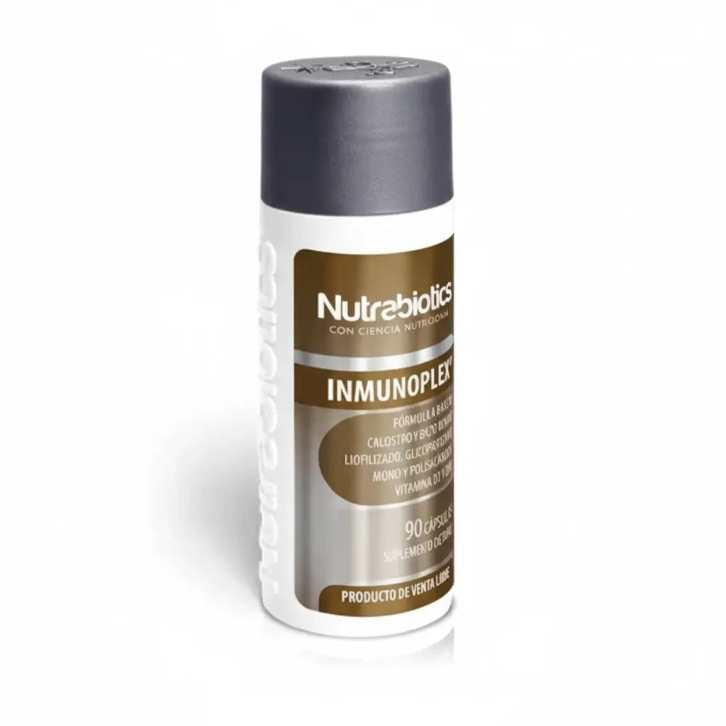 Frasco de Inmunoplex® Nutrabiotics, suplemento dietario con Calostro, Bazo Bovino, Vitamina D3 y Zinc, formulado para apoyar el sistema inmunológico, distribuido por Alternativ.