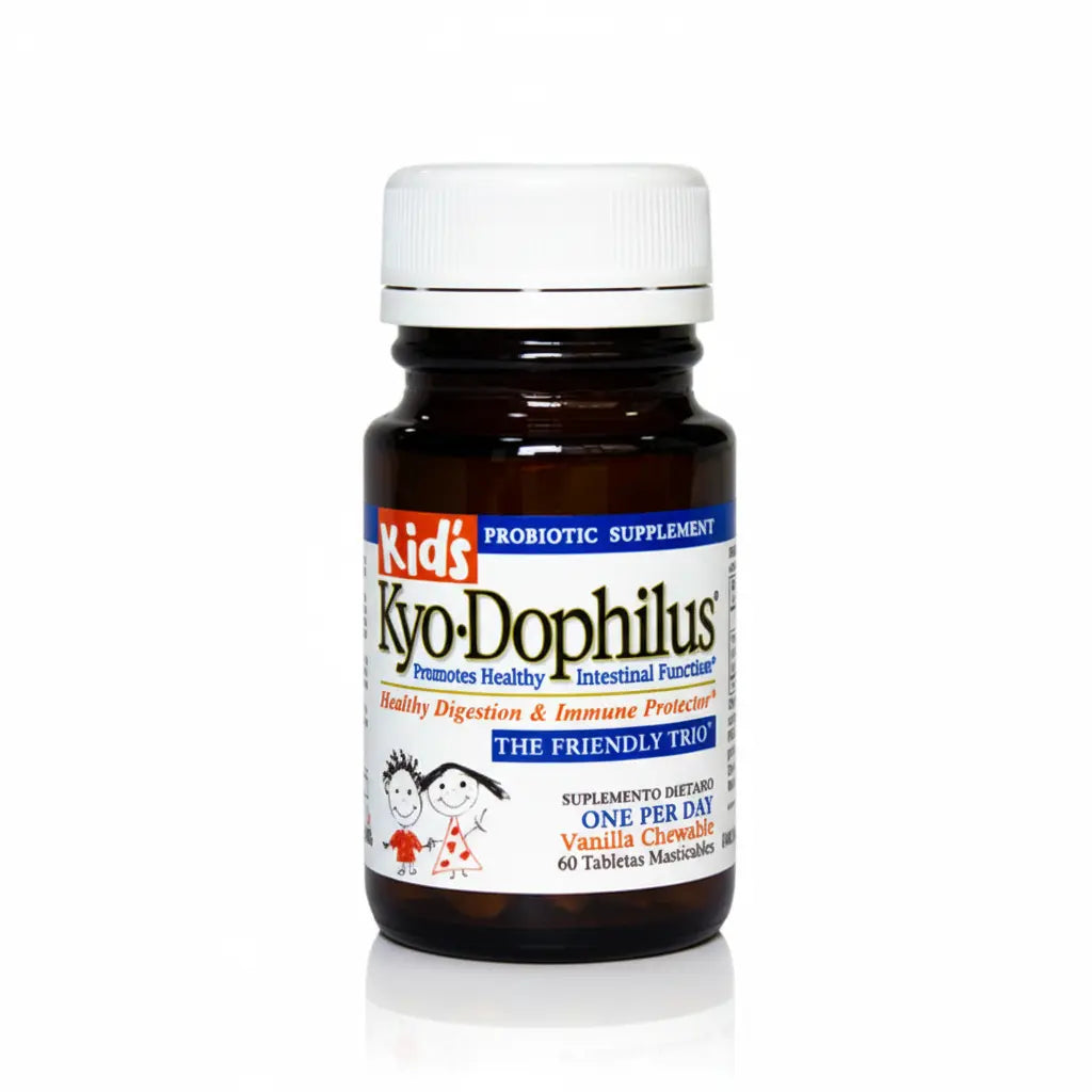 Frasco de Kyo-Dophilus® Kids, suplemento dietario probiótico con 3 cepas activas y sabor a vainilla natural, diseñado para el equilibrio intestinal y las defensas de los niños, distribuido por Alternativ.