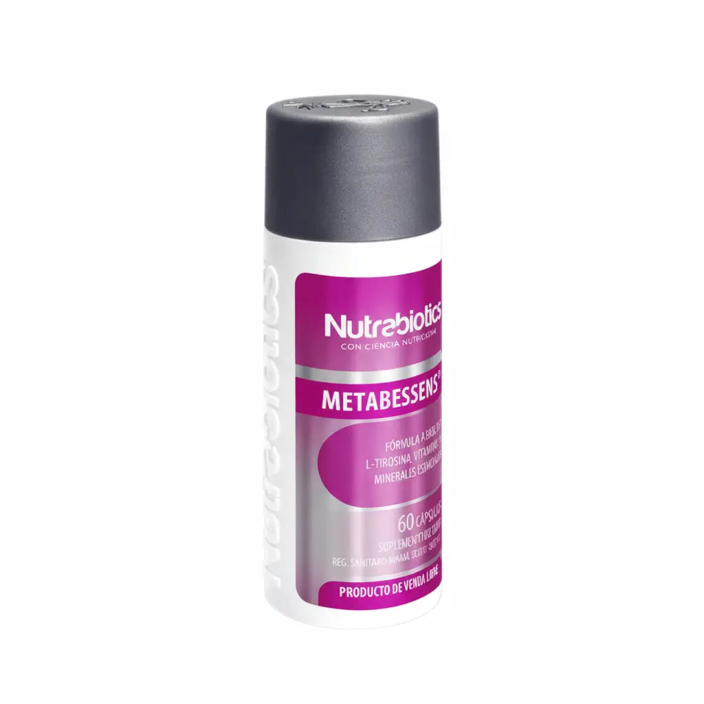 Frasco de Metabessens® Nutrabiotics, suplemento dietario con L-Tirosina, vitaminas y minerales esenciales, diseñado para apoyar el metabolismo energético y el bienestar integral, distribuido por Alternativ.