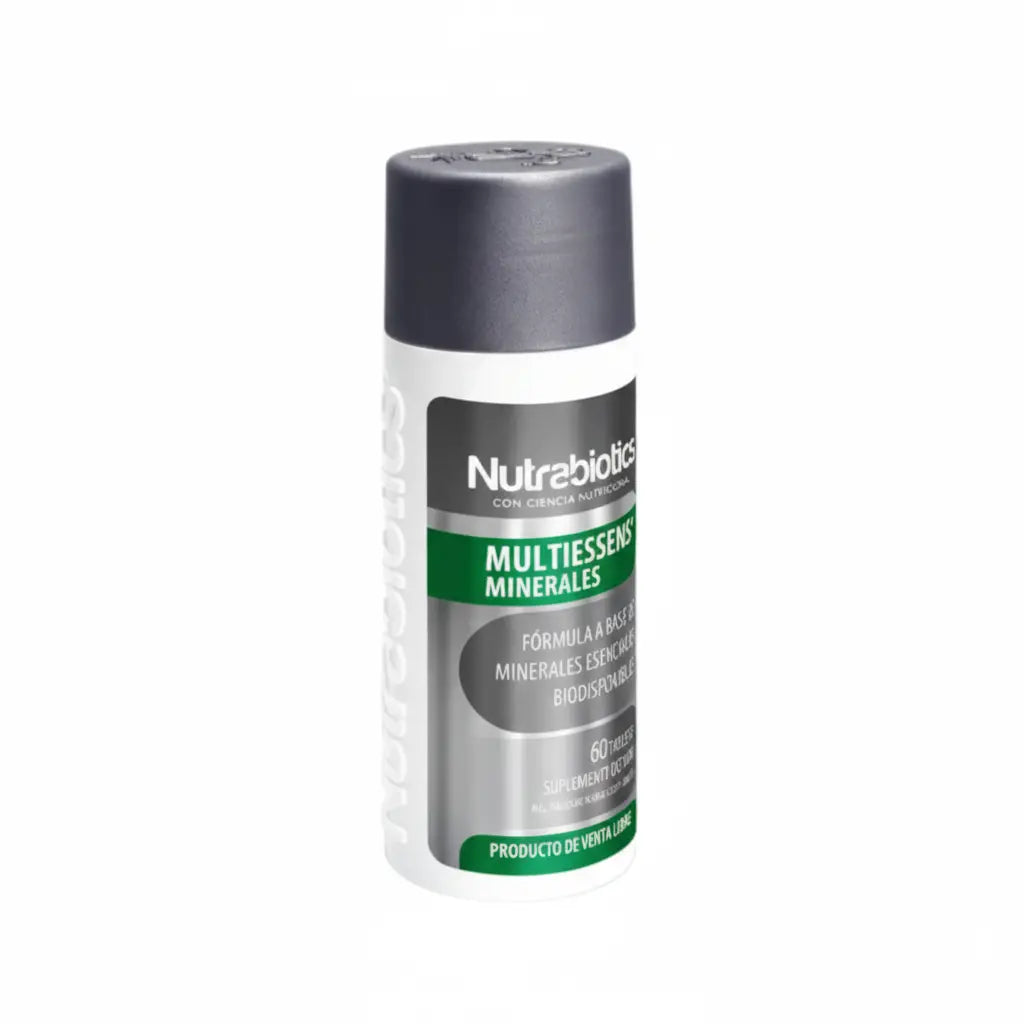 Frasco de Multiessens Minerales® Nutrabiotics, suplemento dietario con minerales esenciales biodisponibles para el bienestar integral, distribuido por Alternativ.