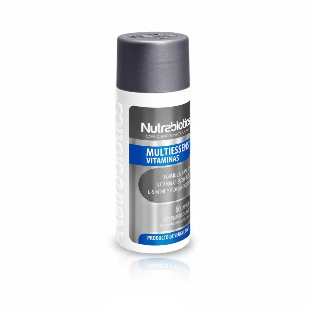 Frasco de Multiessens Vitaminas® Nutrabiotics, suplemento dietario con vitaminas esenciales, folato activo y bioflavonoides, distribuido por Alternativ.