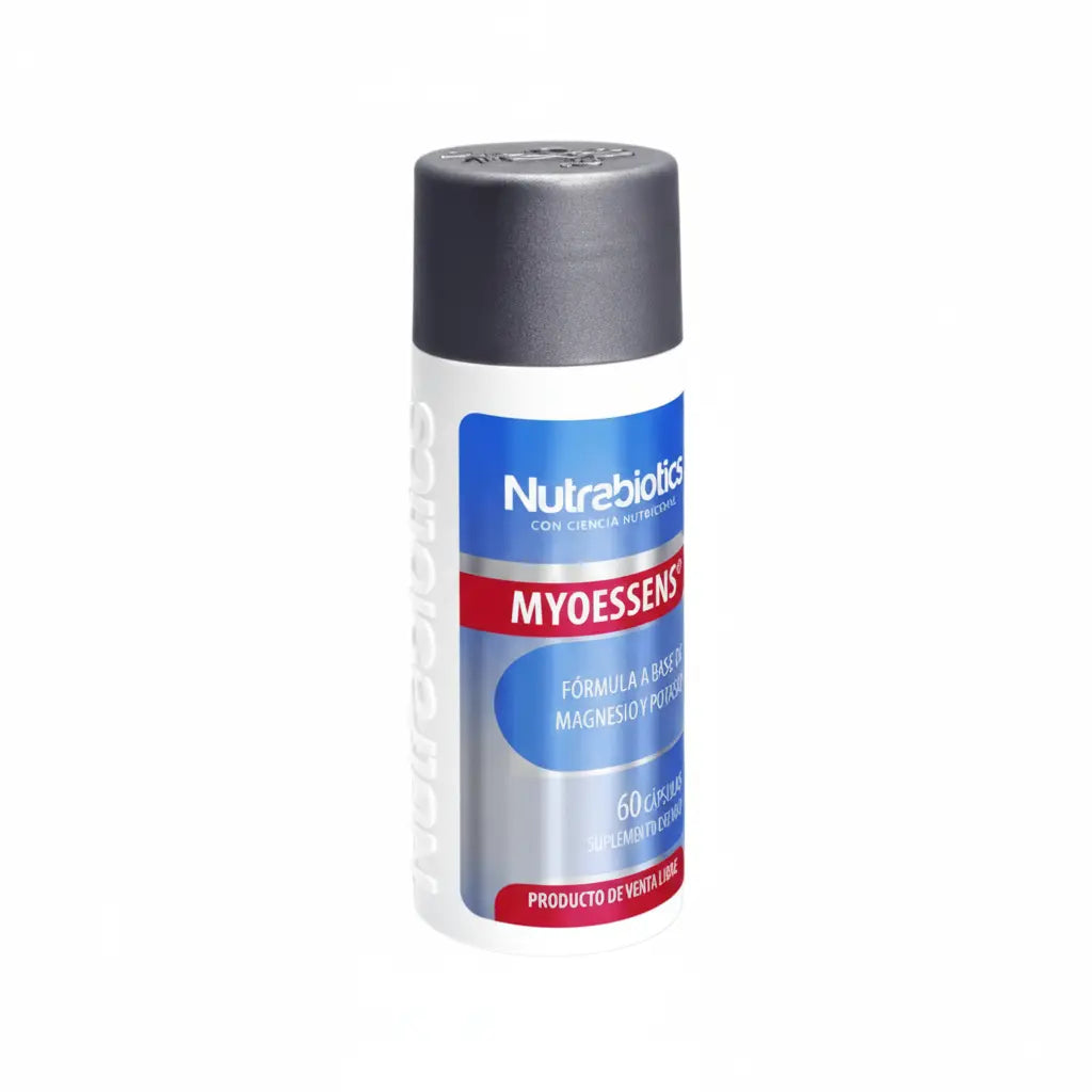 Frasco de Myoessens® Nutrabiotics, suplemento dietario con Magnesio y Potasio para apoyar la función muscular y el equilibrio electrolítico, distribuido por Alternativ.