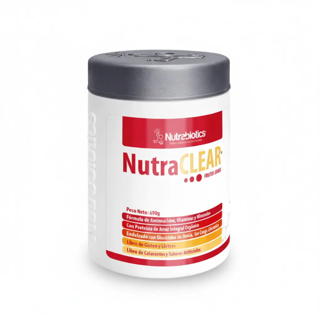 Frasco de NutraCLEAR® Nutrabiotics, suplemento dietario en polvo con aminoácidos, vitaminas y minerales, formulado con proteína de arroz orgánico y Stevia, distribuido por Alternativ.