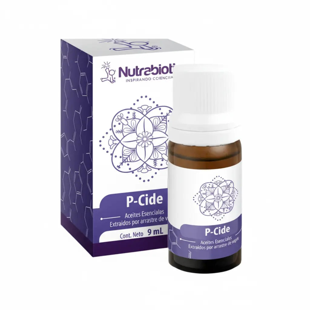 Frasco de P-Cide® Nutrabiotics, aceite esencial orgánico obtenido por arrastre de vapor, cosmético con notificación sanitaria INVIMA, distribuido por Alternativ.