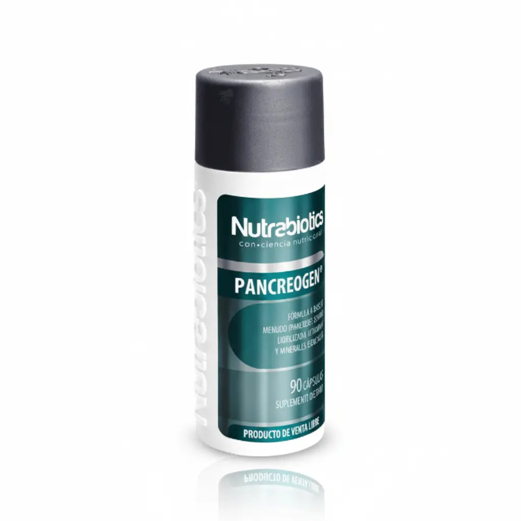 Frasco de Pancreogen® Nutrabiotics, suplemento dietario con páncreas bovino liofilizado, vitaminas y minerales esenciales, formulado para apoyar el metabolismo energético, distribuido por Alternativ.