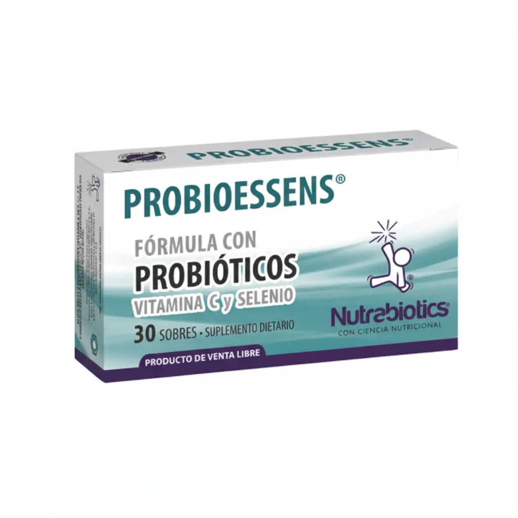 Caja de Probioessens® Nutrabiotics, suplemento dietario con probióticos, Vitamina C y Selenio para apoyar la salud intestinal y el sistema inmunológico, distribuido por Alternativ.