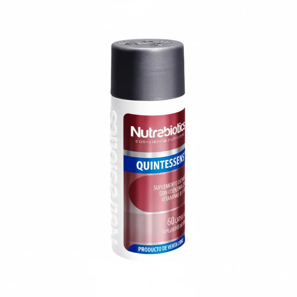 Frasco de Quintessens® Nutrabiotics, suplemento dietario con Coenzima Q10, Riboflavina y Tiamina, diseñado para apoyar la energía celular y el bienestar integral, distribuido por Alternativ.