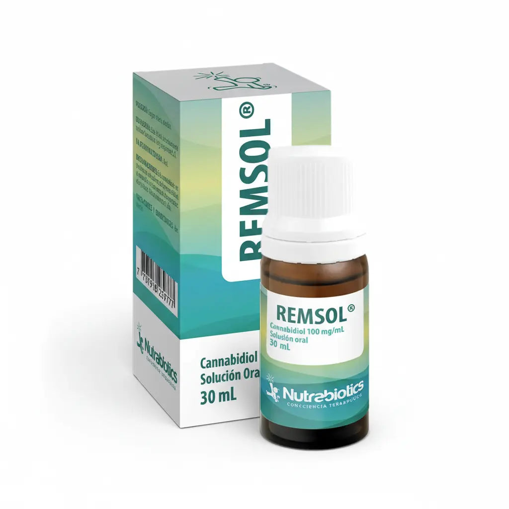 Frasco de Remsol® Nutrabiotics, medicamento de prescripción médica en solución oral con Cannabidiol (CBD) cristales, autorizado por INVIMA y distribuido por Alternativ.