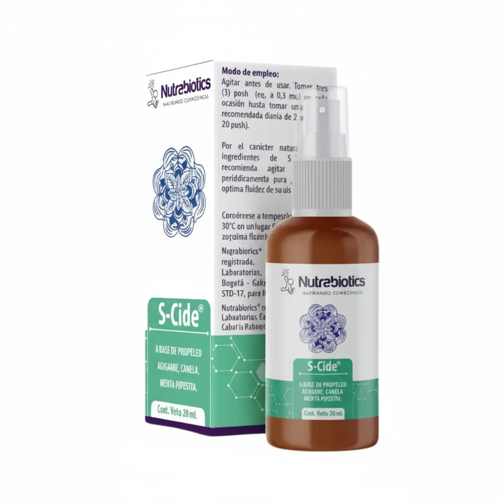 Frasco de S-Cide® Nutrabiotics, spray cosmético con propóleo y aceites esenciales orgánicos, formulado para refrescar y proteger, distribuido por Alternativ.