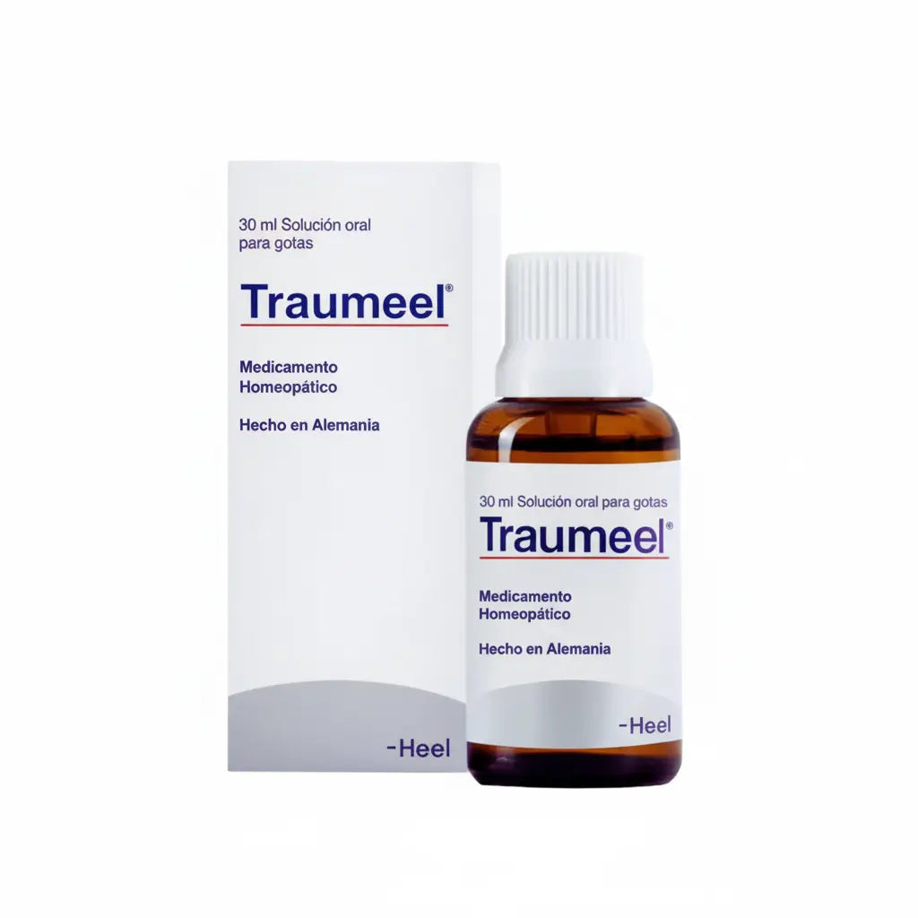 Frasco de Traumeel® Gotas Heel, medicamento homeopático de formulación médica indicado como coadyuvante en el manejo del dolor muscular y articular. Producto original Heel distribuido por Alternativ.