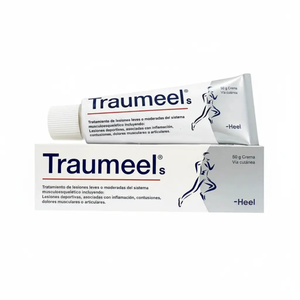 Tubo de Traumeel® S Crema 50 g, medicamento homeopático de venta libre indicado para aliviar dolor muscular, articular e inflamaciones leves. Producto original Heel distribuido por Alternativ.