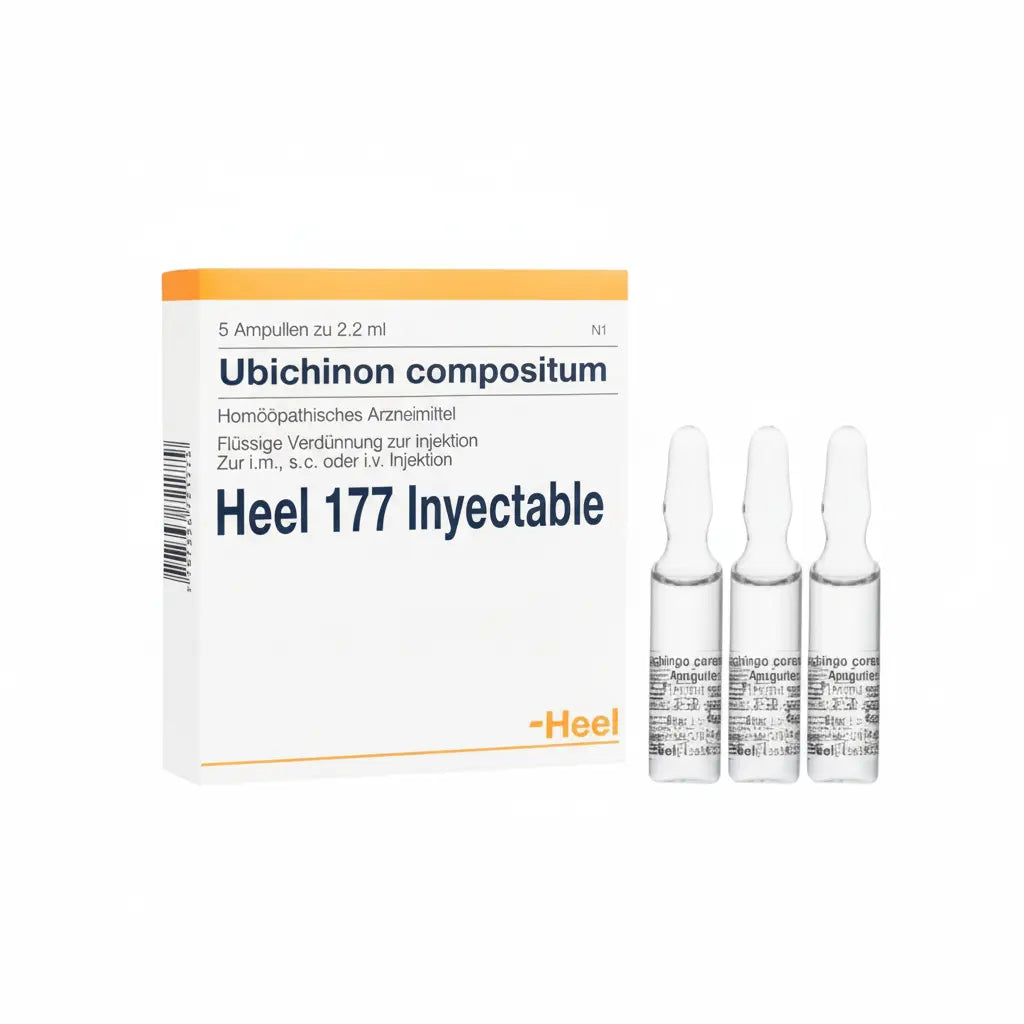 Imagen del producto Ubichinon Compositum Ampolla Heel, medicamento homeopático de prescripción médica elaborado por Heel y distribuido por Farmacia Alternativ Colombia.