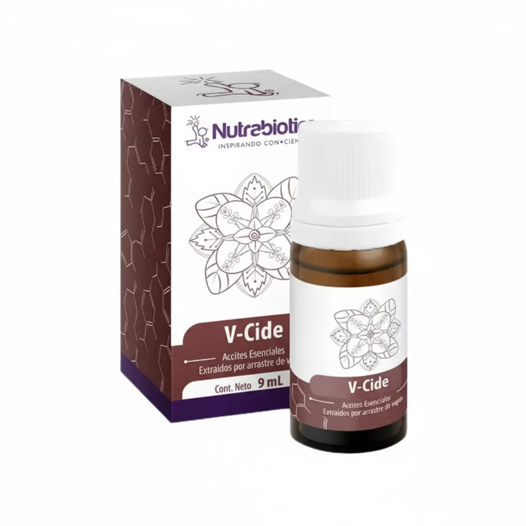 Frasco de V-Cide® Nutrabiotics, aceite esencial orgánico 100 % puro obtenido por arrastre de vapor, cosmético con notificación sanitaria INVIMA, distribuido por Alternativ.