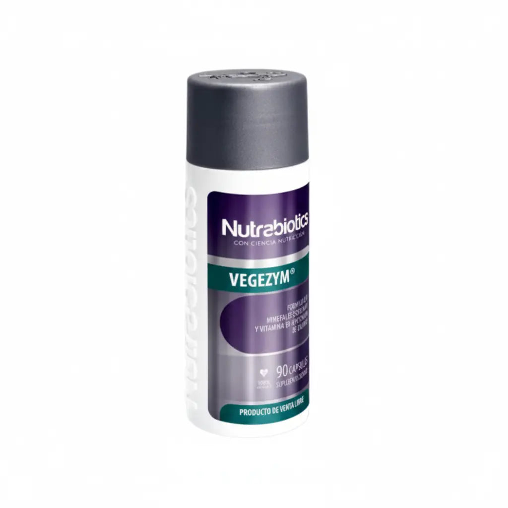 Frasco de Vegezym® Nutrabiotics, suplemento dietario con enzimas digestivas, minerales esenciales y Vitamina B3, formulado para apoyar la salud digestiva, distribuido por Alternativ.