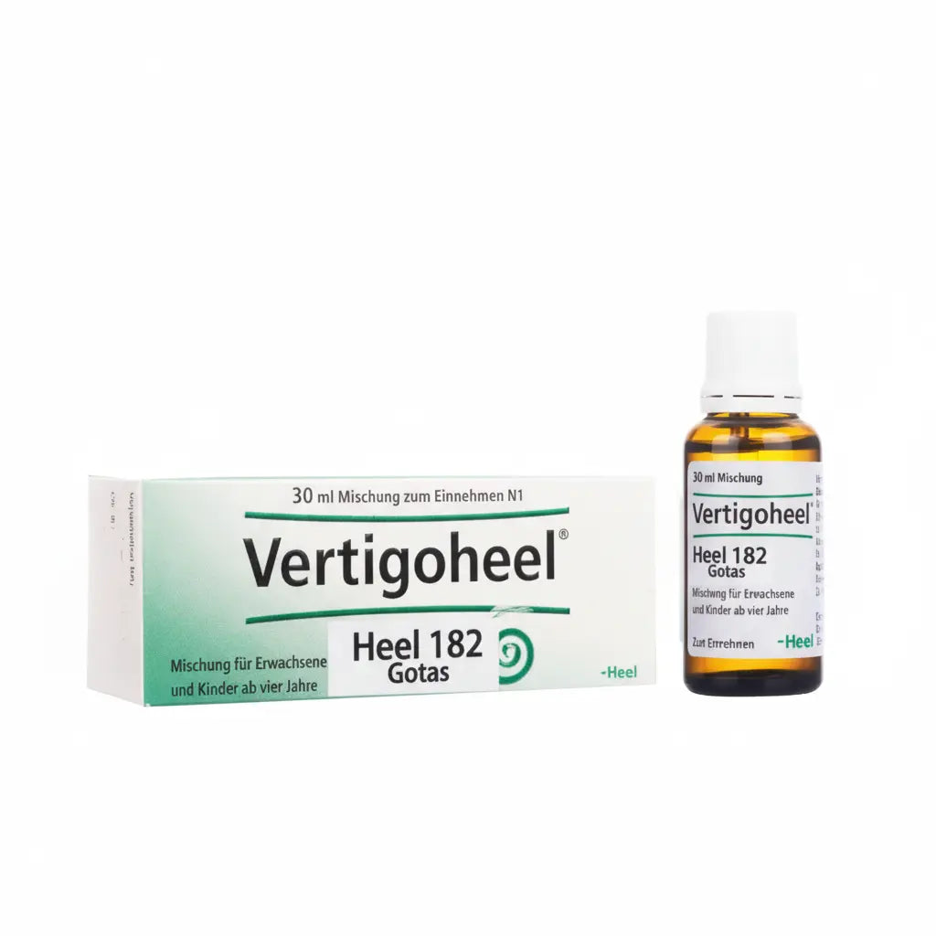 Frasco de Vertigoheel® Heel, medicamento homeopático de prescripción médica fabricado en Alemania, indicado como coadyuvante en vértigo y mareo, distribuido por Alternativ.