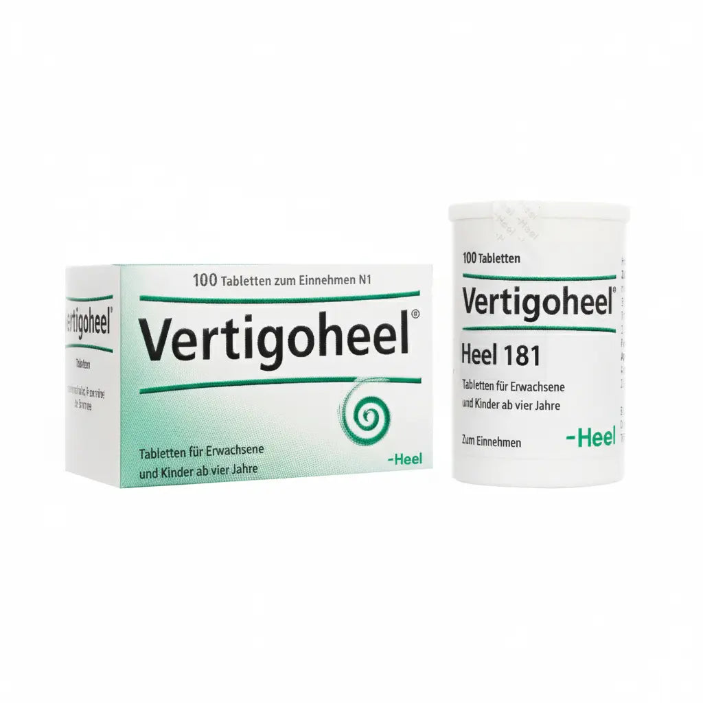 Frasco de Vertigoheel® Heel, medicamento homeopático de prescripción médica fabricado en Alemania, indicado como coadyuvante en vértigo y mareo, distribuido por Alternativ