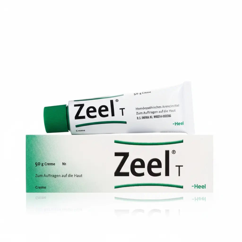 Tubo de Zeel® T Crema Heel 50 g, medicamento homeopático de prescripción médica fabricado en Alemania por Heel GmbH. Producto original Heel distribuido por Alternativ.