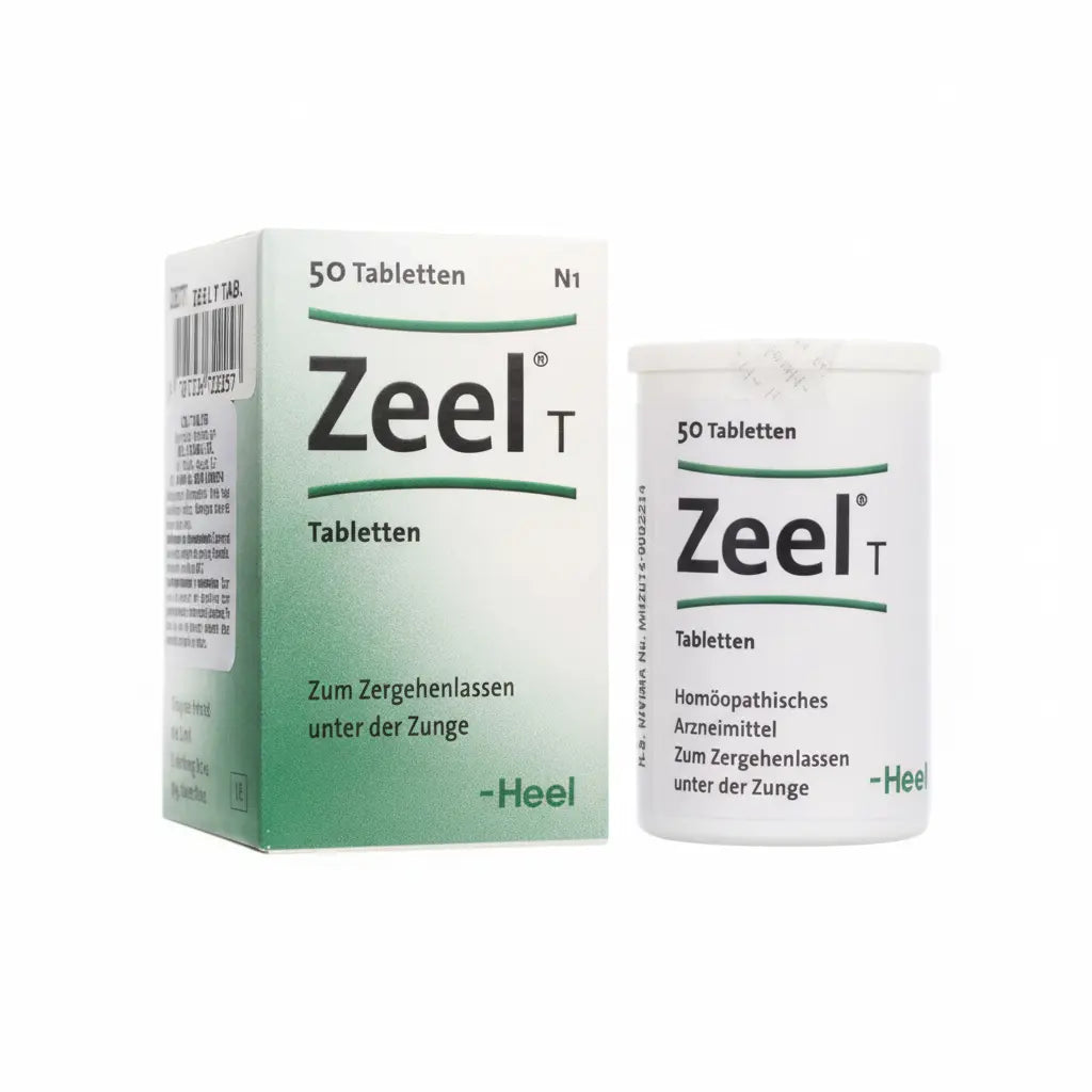 Frasco de Zeel® T Tabletas Heel 50 unidades, medicamento homeopático de prescripción médica fabricado en Alemania por Heel GmbH. Producto original Heel distribuido por Alternativ.