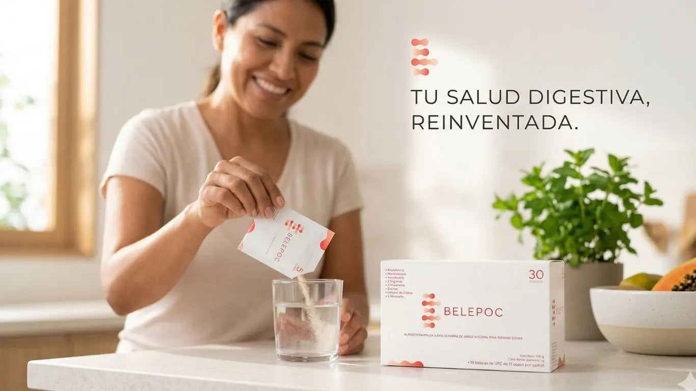 Caja de Belepoc de Alternativ Oficial en una cocina iluminada con una mujer mezclando un sachet de probióticos y enzimas en un vaso de agua, ilustrando la salud digestiva reinventada.