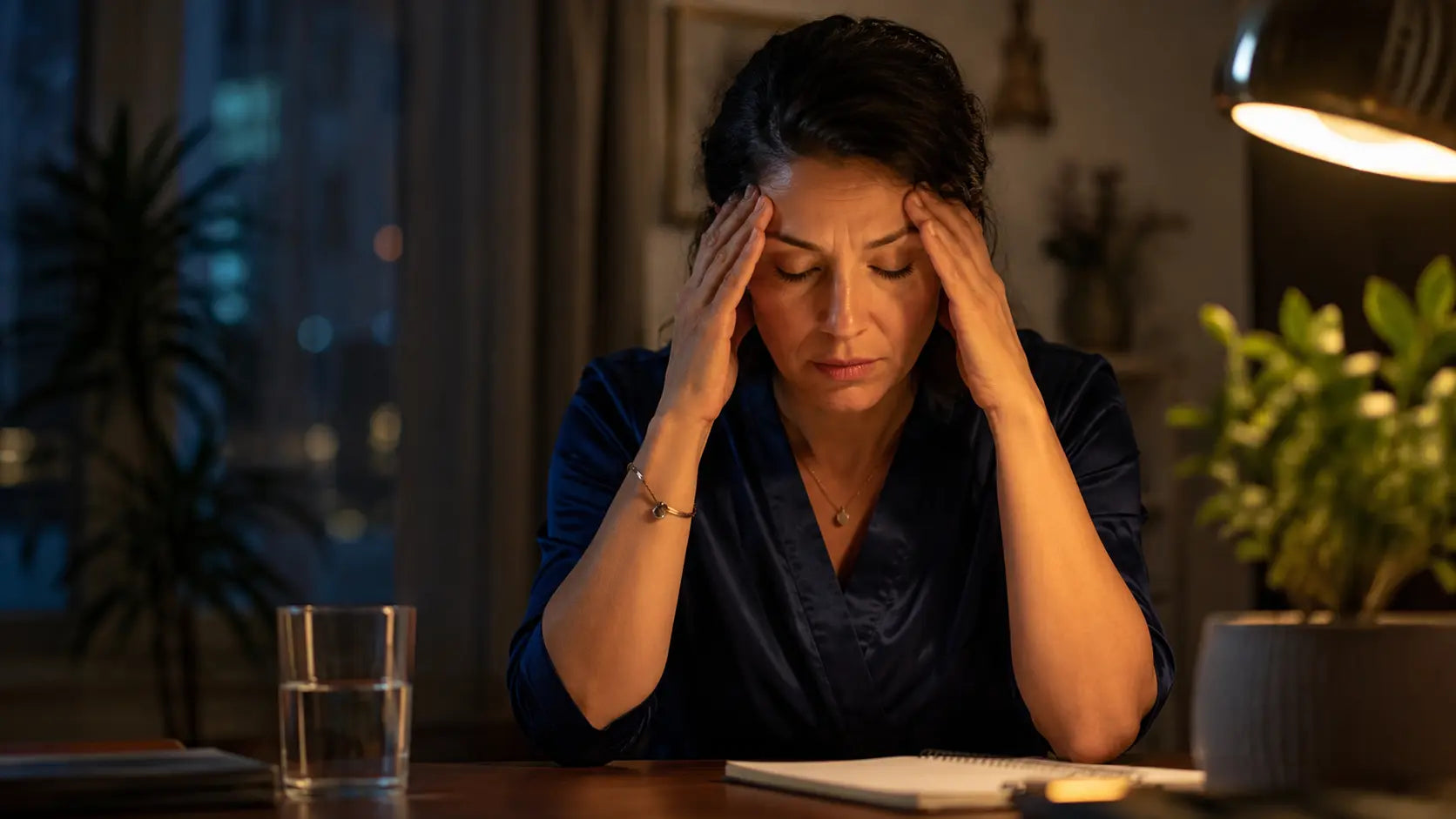 Mujer colombiana con agotamiento emocional y estrés crónico representando el impacto del cortisol en el equilibrio hormonal femenino — AlterNativ Farmacia Integrativa Medellín