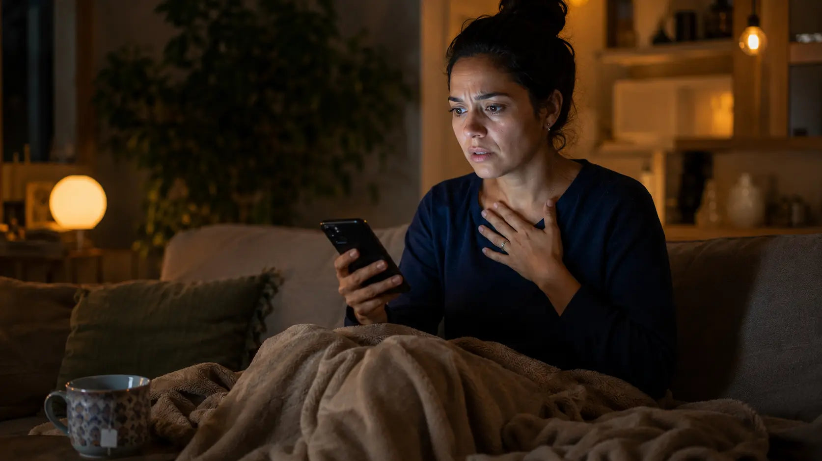 Mujer colombiana con tensión emocional frente al televisor representando el impacto del estrés electoral y deportivo en el sistema nervioso — AlterNativ Farmacia Integrativa Medellín