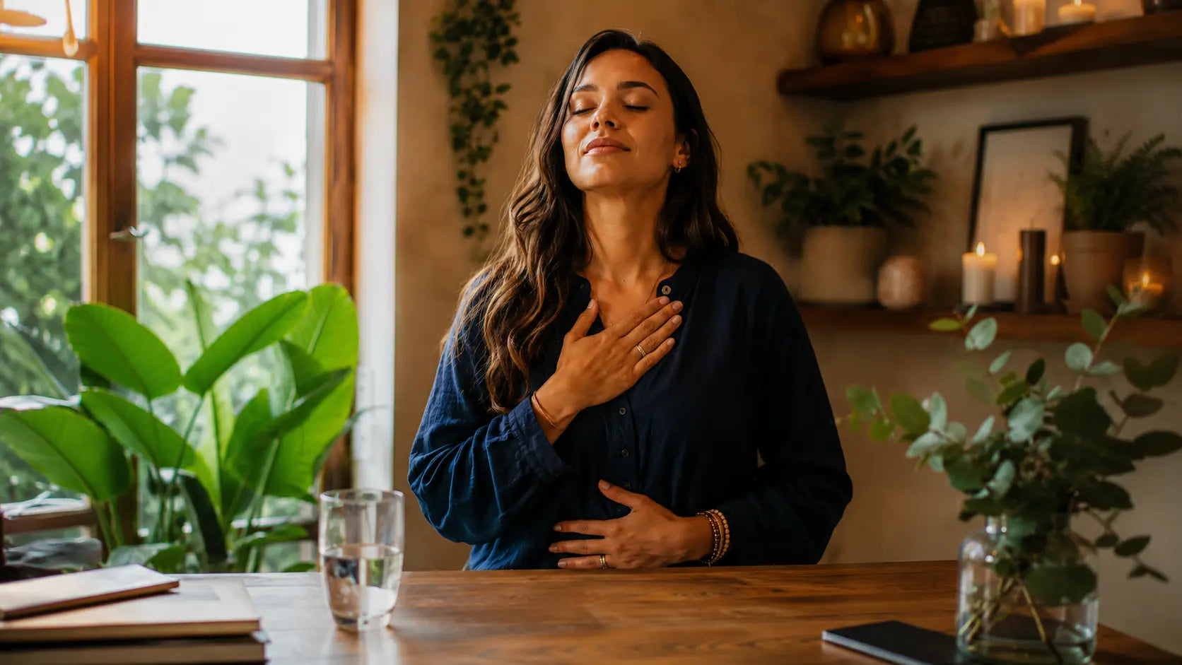 Mujer colombiana en espacio de bienestar con mano en el abdomen practicando respiración consciente para aliviar el estrés y mejorar la digestión — AlterNativ Farmacia Integrativa Medellín