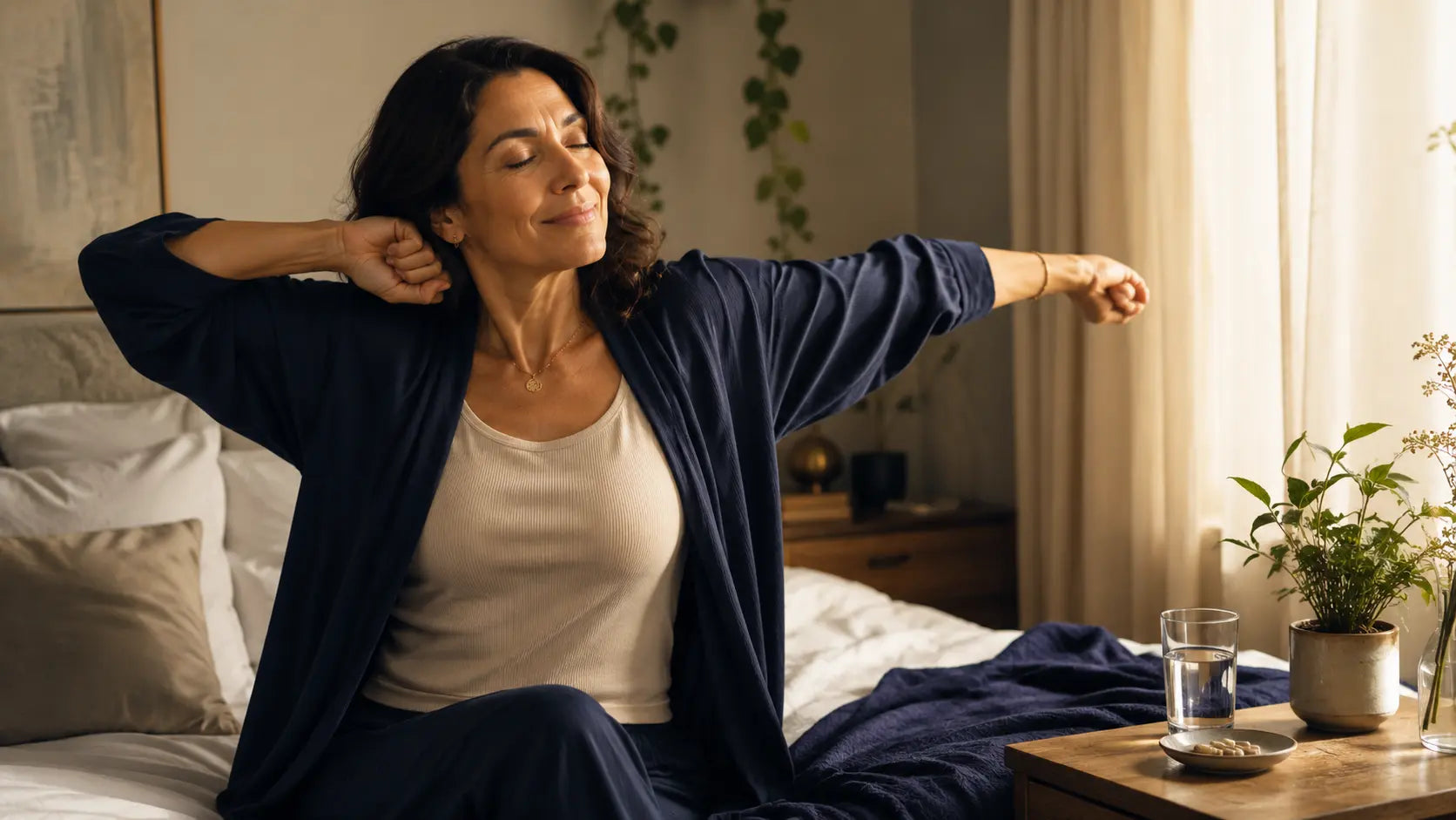 Mujer colombiana en menopausia despertando con calma y alivio representando los beneficios del magnesio para el sueño y los sofocos — AlterNativ Farmacia Integrativa Medellín