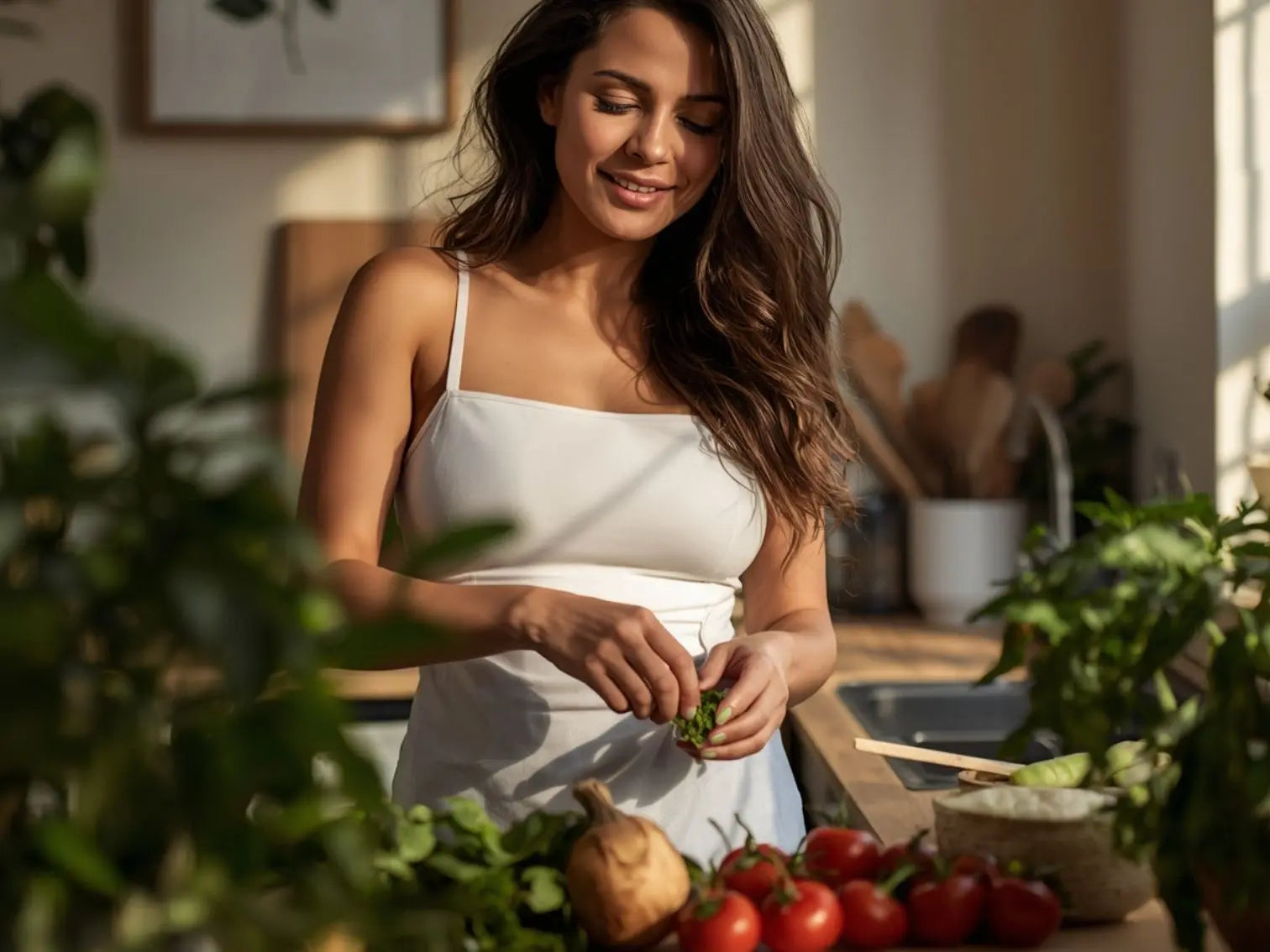 mujer preparando alimentos saludables para mejorar la microbiota intestinal