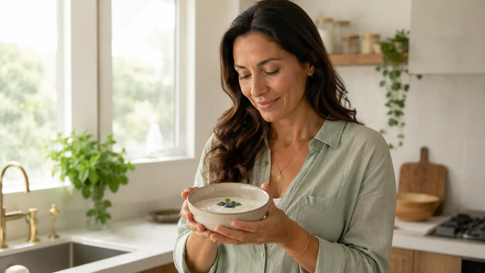Mujer colombiana sosteniendo bowl con alimentos fermentados para recuperar la microbiota intestinal y el equilibrio hormonal durante la menopausia — AlterNativ Farmacia Integrativa Medellín