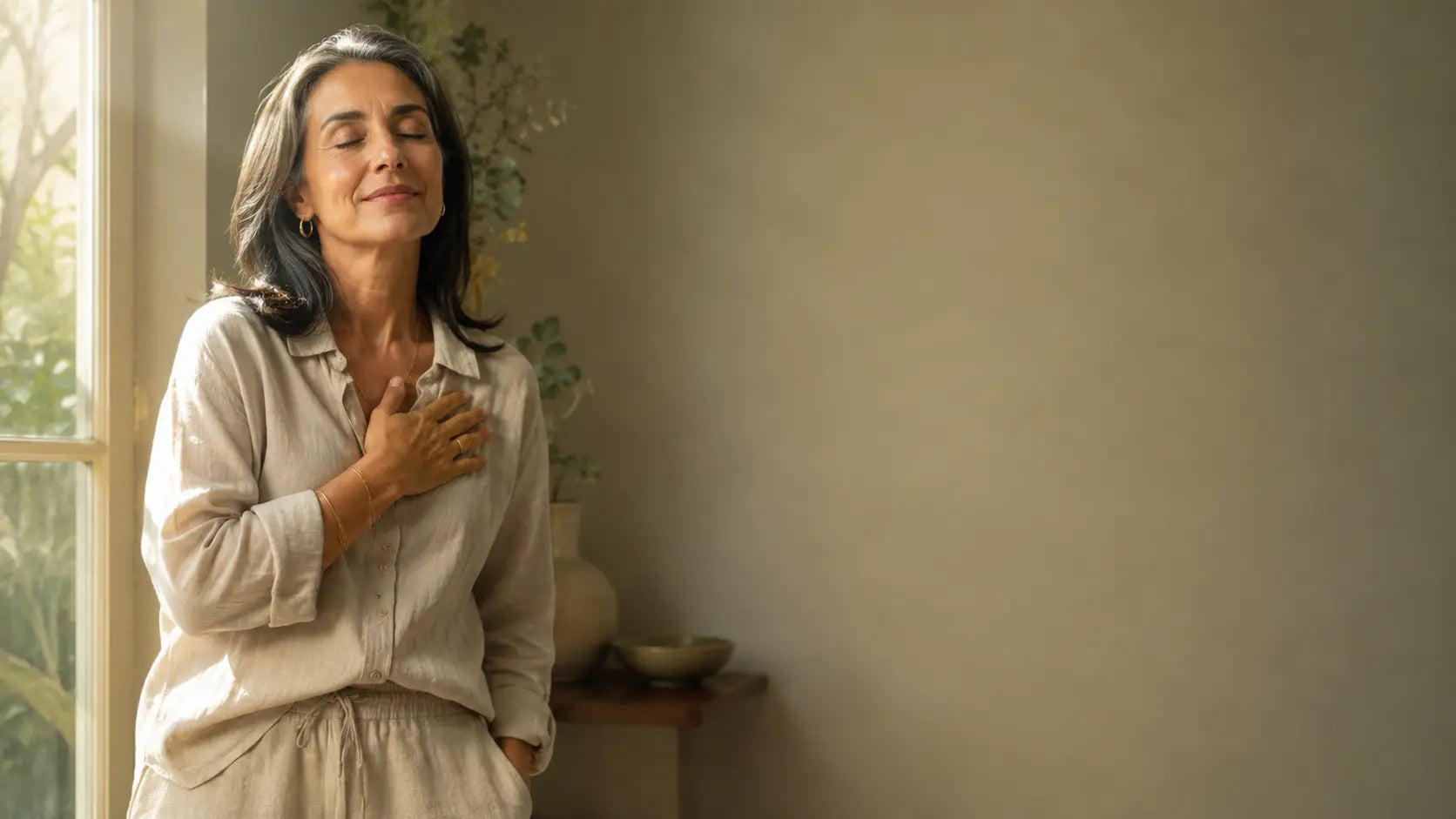Mujer colombiana en menopausia con expresión de calma y aceptación representando la transición hormonal como metamorfosis — AlterNativ Farmacia Integrativa Medellín