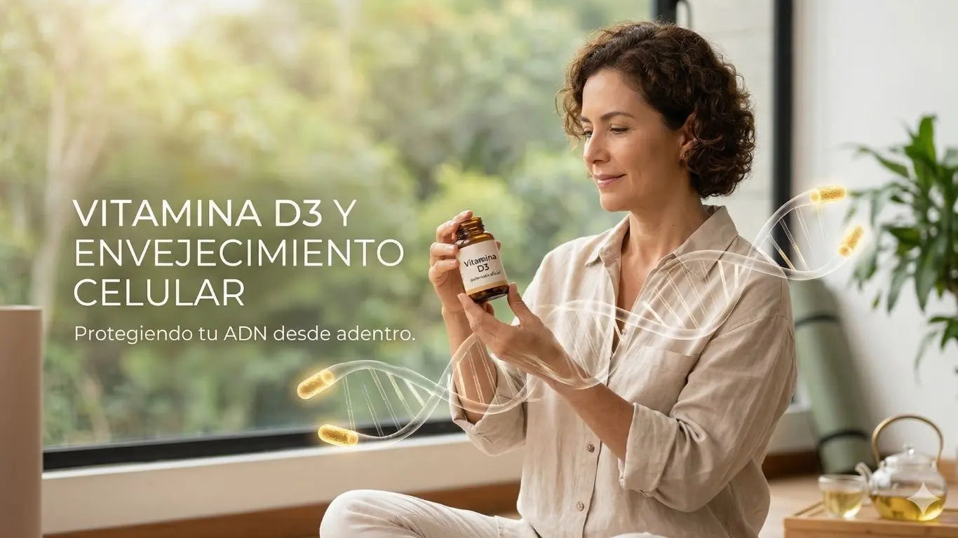 Mujer sana sosteniendo un frasco de Vitamina D3 de Alternativ Oficial con una visualización de ADN y telómeros protegidos, bajo una luz solar natural suave, ilustrando la longevidad celular.